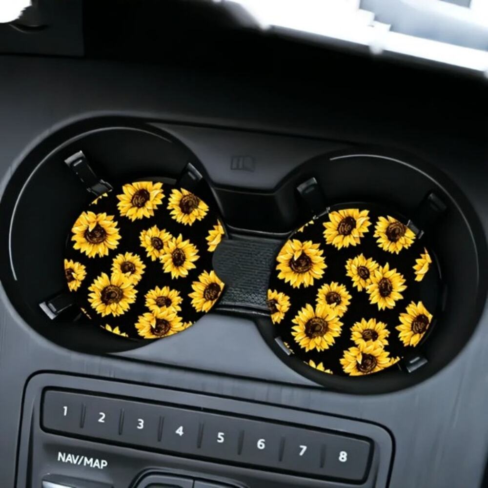 Sunflower Print Car Coasters - 2Pcs Heat Insulation Non-Slip Mats!